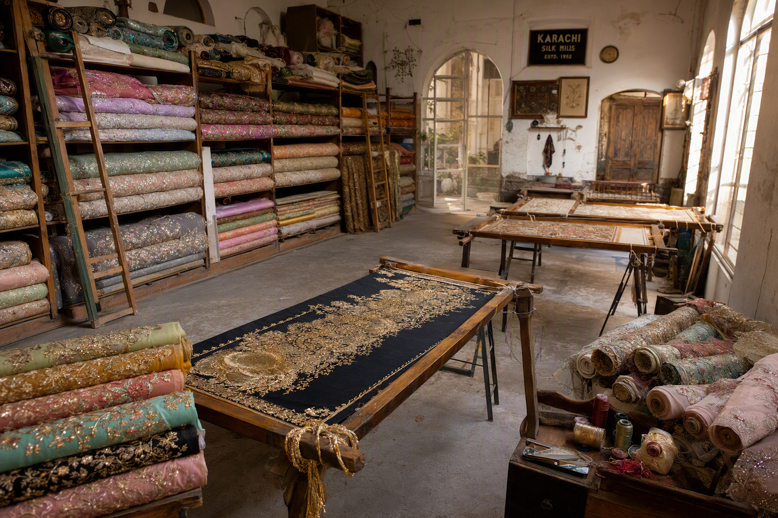 Sunlit Pakistani textile atelier with rolls of lawn, silk and chiffon beside wooden embroidery frames