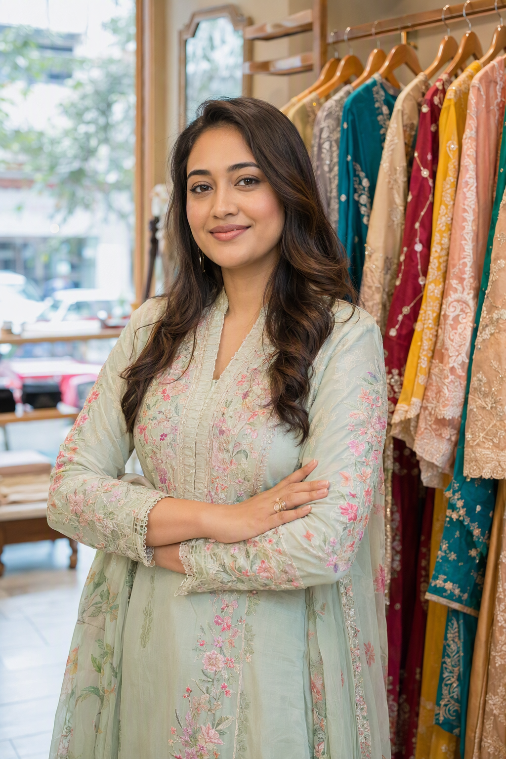Spriha, founder of Spriha Closet, standing in her Banani boutique among racks of Pakistani suits