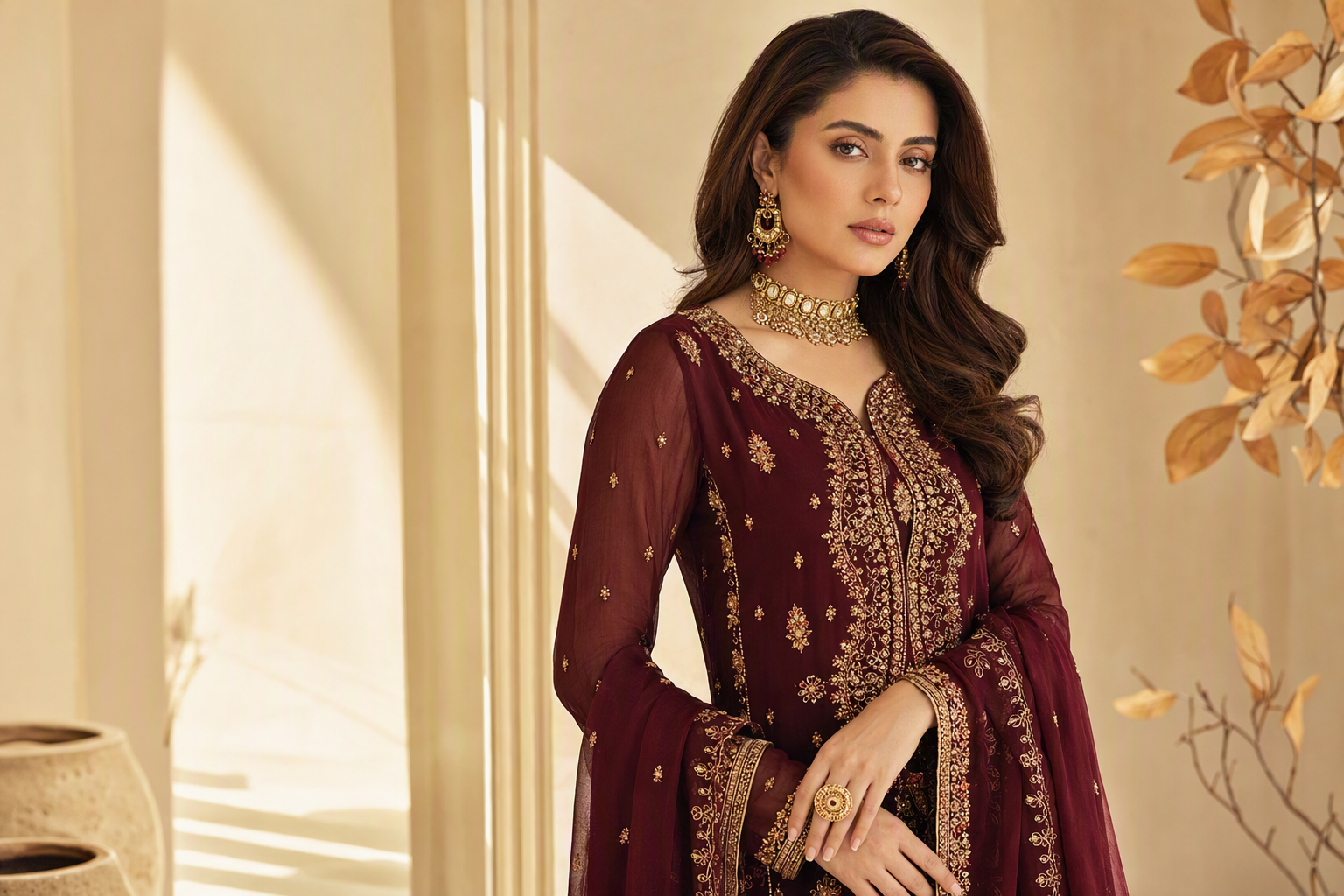 Model wearing an embroidered deep burgundy Pakistani formal suit