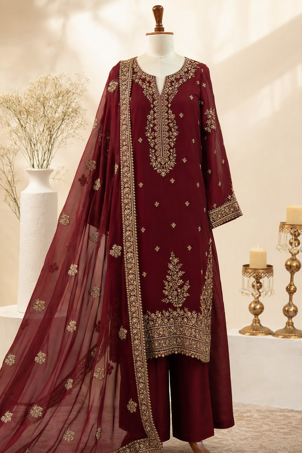 Deep burgundy embellished chiffon suit