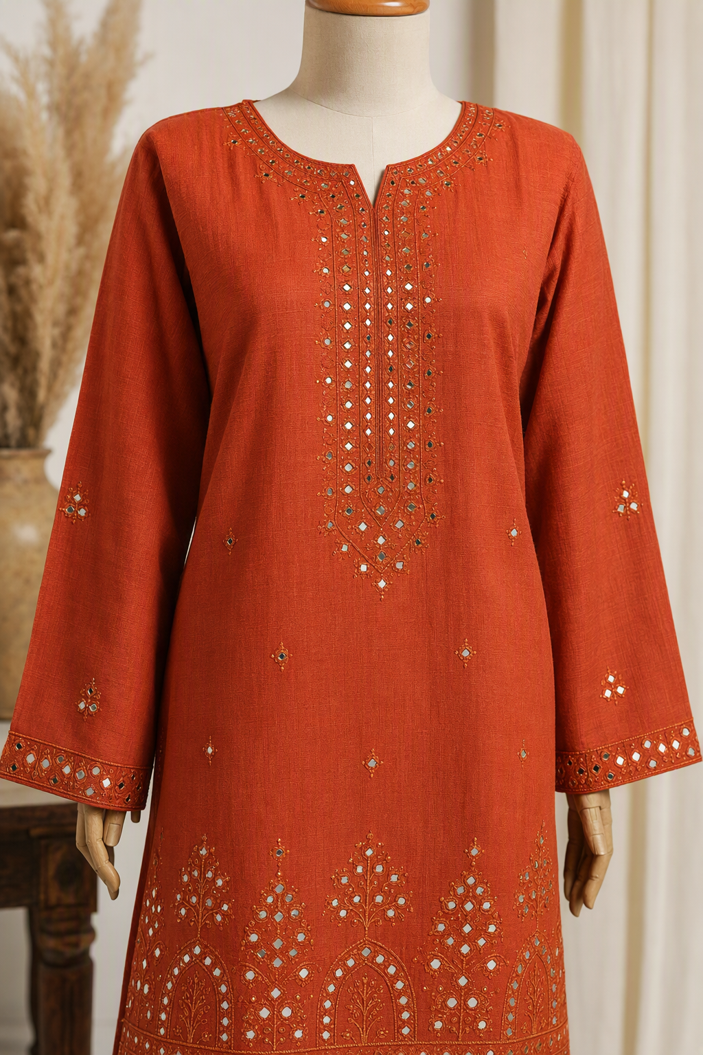 Rust mirror-work kurti